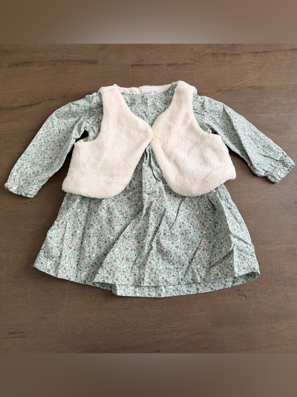 Floral Green Long Sleeve Dress with Cream Sherpa Vest 9M